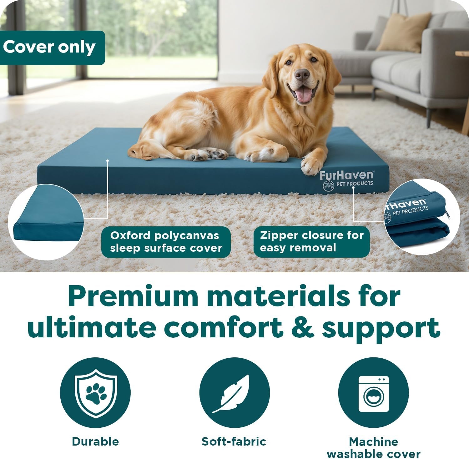 image:imageFurhaven Replacement Dog Bed Cover WaterResistant IndoorOutdoor Logo Print Oxford Polycanvas Mattress Washable Deep Lagoon Jumbo XLargeDeep Lagoon