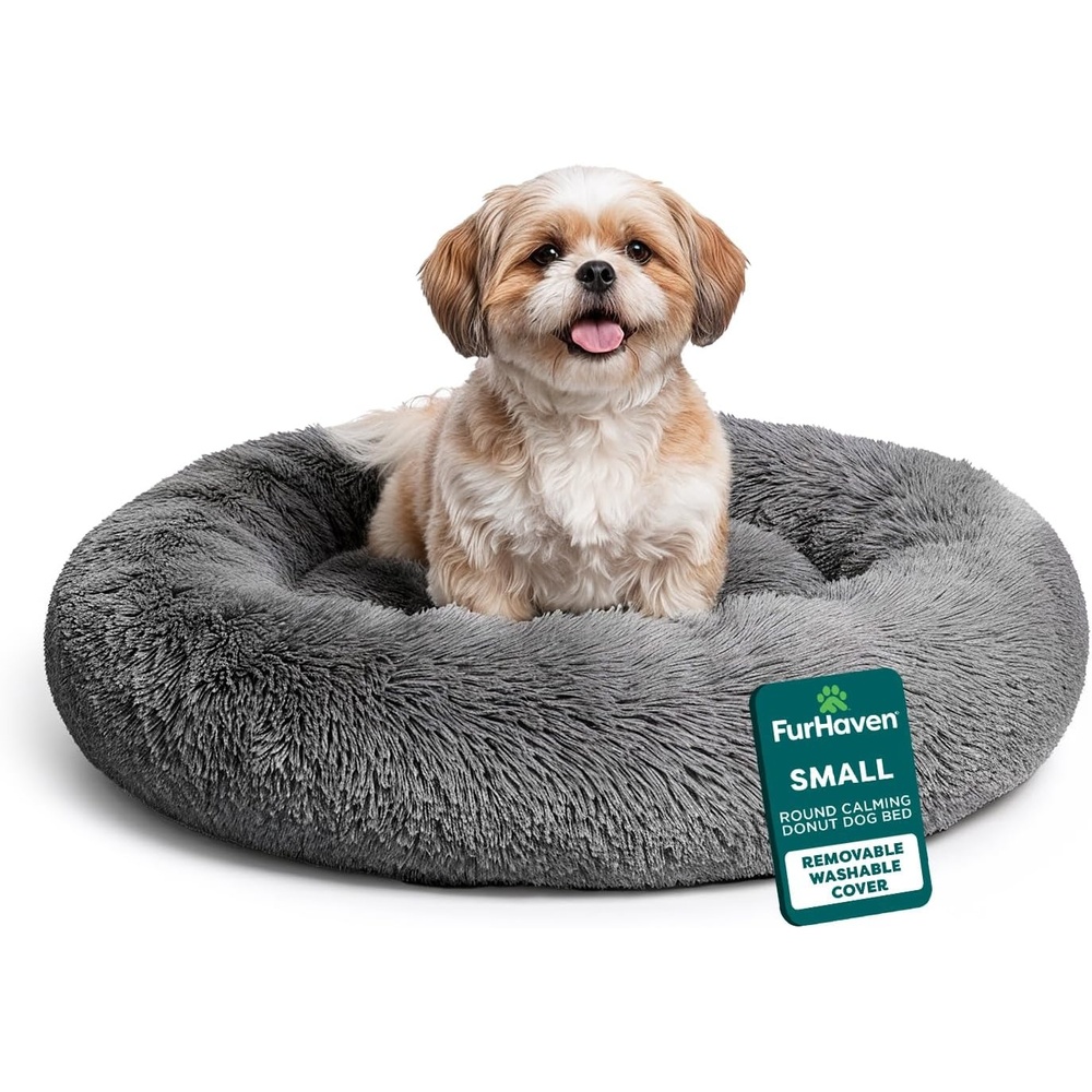 image:imageFurHaven 23 Calming Donut Dog Bed for Small Dogs amp Cats Round Plush Donut Design with Soft Filling for Snuggling Comfort Removable Washable Cover Small Shaggy Faux Fur Mist GrayGray