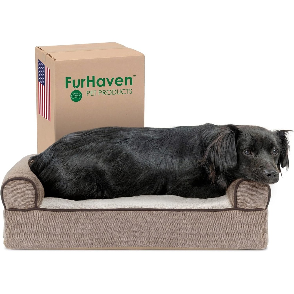 image:imageFurHaven Dog Bed Cover Replacement SofaStyle Design with Soft Breathable Fabric for Cozy Comfort Machine Washable Jumbo Plus XXL Plush amp Velvet Waves BrownstoneSherpa Chenille Cream