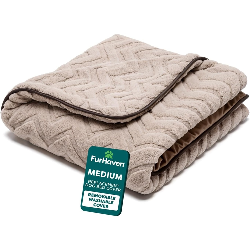 image:imageFurHaven Dog Bed Cover Replacement SofaStyle Design with Soft Breathable Fabric for Cozy Comfort Machine Washable Large Plush amp Velvet Waves Celadon GreenBrownstone