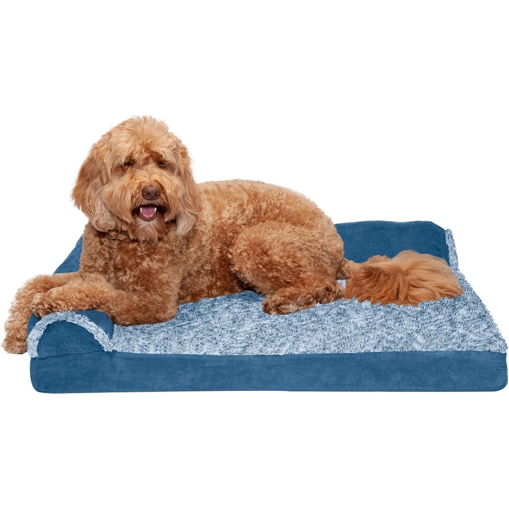 image:imageFurHaven Orthopedic Dog Bed for Large Dogs LShaped Chaise Contour Mattress with Solid Orthopedic Foam Slab for Joint Support Removable Washable Cover Jumbo Plus XXL Faux Fur amp Suede EspressoMarine Blue
