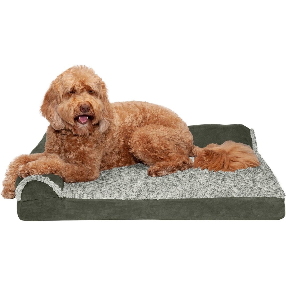 image:imageFurHaven Orthopedic Dog Bed for Large Dogs LShaped Chaise Contour Mattress with Solid Orthopedic Foam Slab for Joint Support Removable Washable Cover Jumbo Plus XXL Faux Fur amp Suede EspressoDark Sage