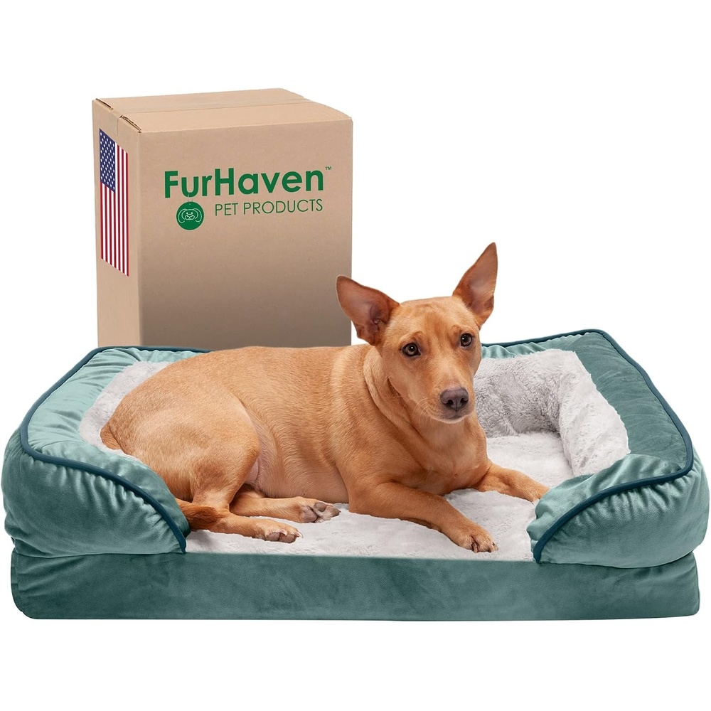 image:imageFurHaven Orthopedic Dog Bed for Medium Dogs Perfect Comfort Sofa with Removable Bolsters with Orthopedic Egg Crate Foam for Joint Support Washable Cover Medium Plush amp Velvet Waves BrownstoneCeladon Green
