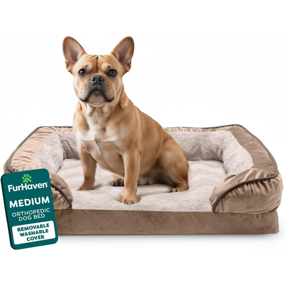 image:imageFurHaven Orthopedic Dog Bed for Medium Dogs Perfect Comfort Sofa with Removable Bolsters with Orthopedic Egg Crate Foam for Joint Support Washable Cover Medium Plush amp Velvet Waves BrownstoneBrownstone