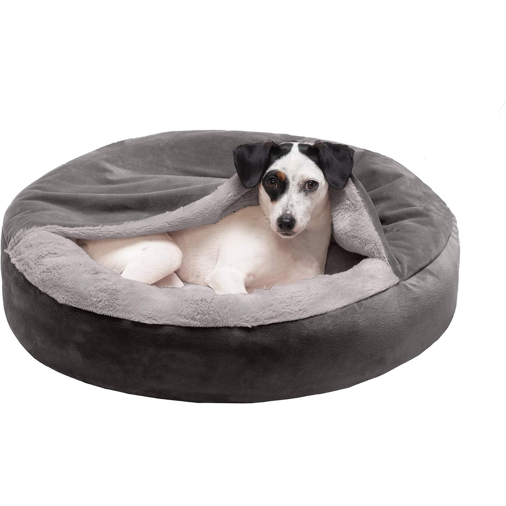 image:imageFurhaven 24 Round Calming Donut Dog Bed for Indoor Cats amp Small Dogs Washable For Dogs Up to 20 lbs Plush Velvet Waves Hooded Donut Bed Rose Pink SmallDark Gray