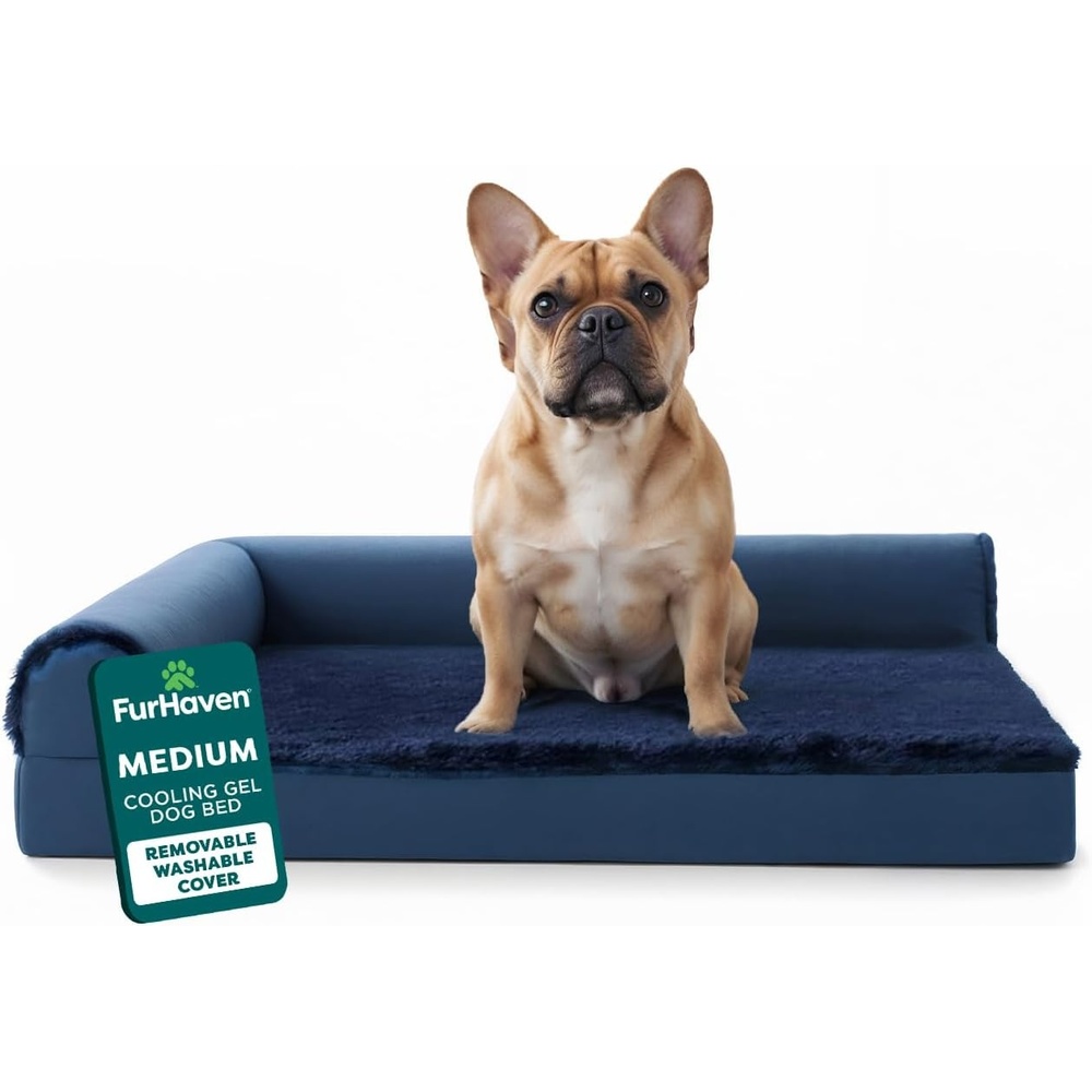 image:imageFurhaven Cooling Gel Dog Bed for Large Dogs w Removable Bolsters amp Washable Cover For Dogs Up to 125 lbs TwoTone Plush Faux Fur amp Suede L Shaped Chaise Espresso Jumbo PlusXXLPlush Velvet Deep Sapphire