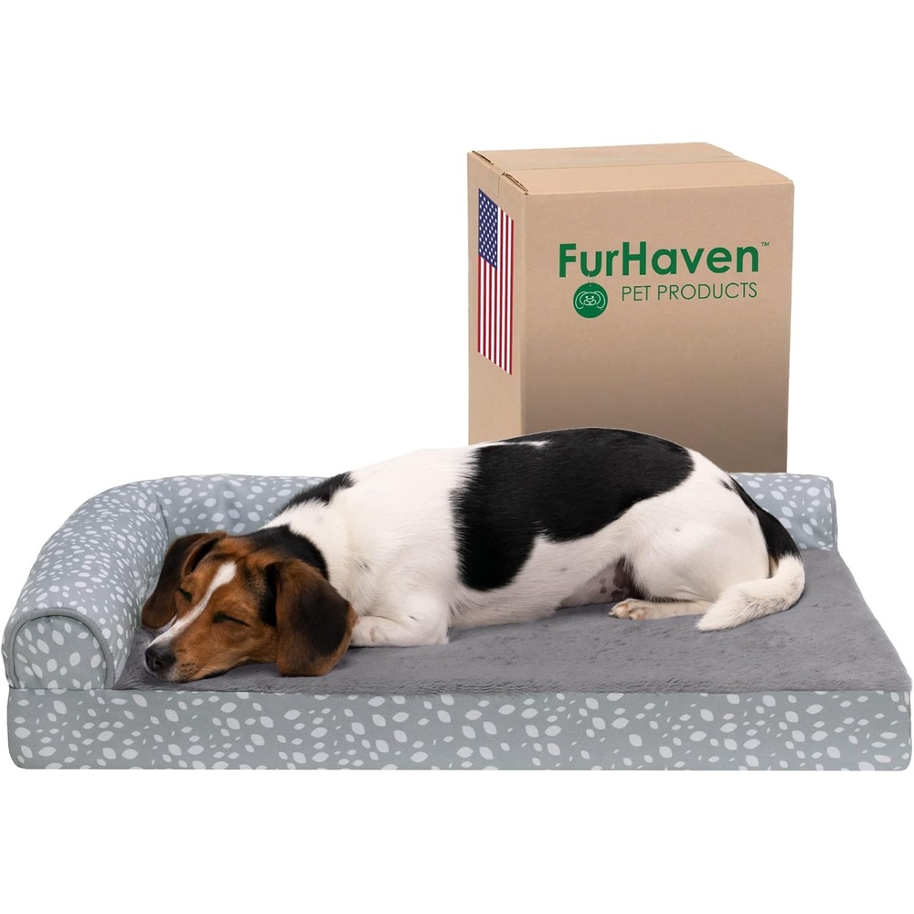 image:imageFurhaven Cooling Gel Dog Bed for Large Dogs w Removable Bolsters amp Washable Cover For Dogs Up to 125 lbs TwoTone Plush Faux Fur amp Suede L Shaped Chaise Espresso Jumbo PlusXXLPlush Almond Print Gray Almonds