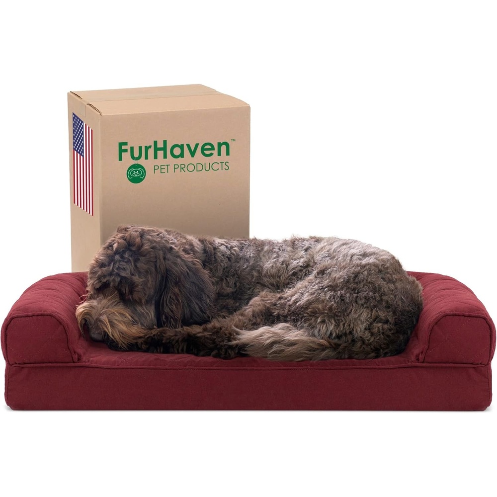 image:imageFurhaven Cooling Gel Dog Bed for Large Dogs w Removable Bolsters amp Washable Cover For Dogs Up to 95 lbs Luxe Faux Fur amp Performance Linen Sofa Charcoal JumboXLWine Red