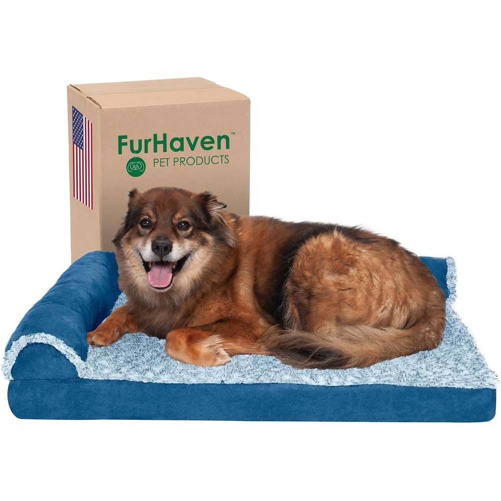 image:imageFurhaven Memory Foam Dog Bed for Large Dogs w Removable Bolsters amp Washable Cover For Dogs Up to 95 lbs TwoTone Plush Faux Fur amp Suede L Shaped Chaise Stone Gray JumboXLPlush Velvet Sable Brown