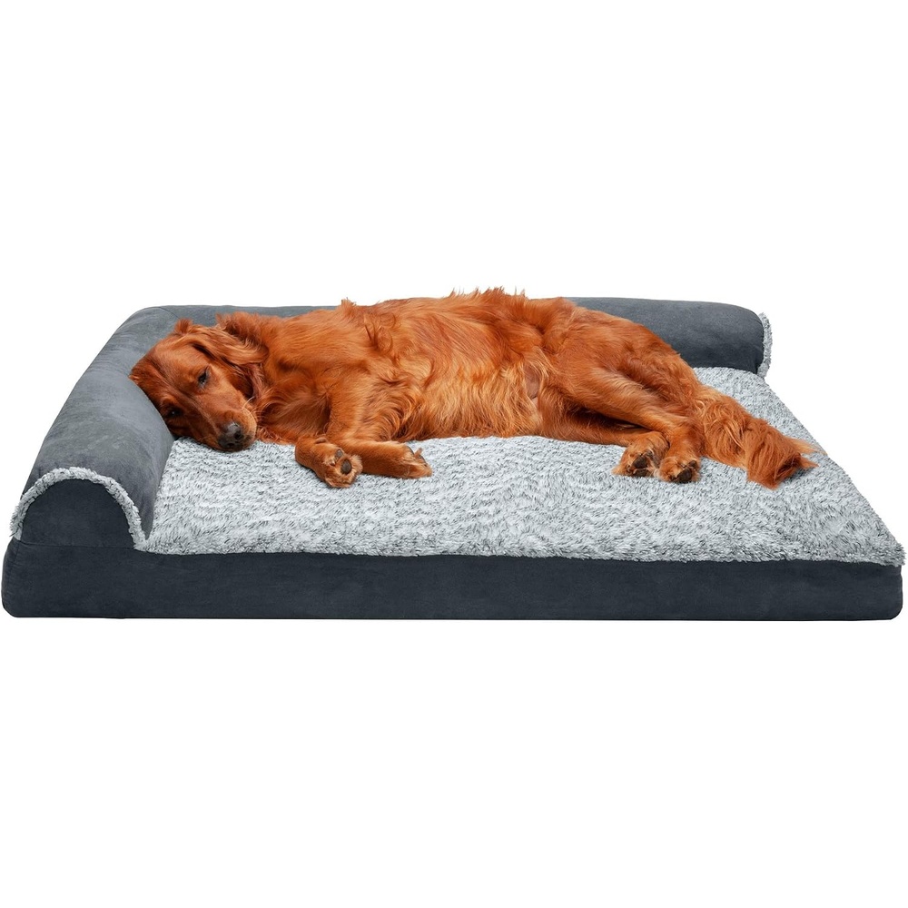 image:imageFurhaven Memory Foam Dog Bed for Large Dogs w Removable Bolsters amp Washable Cover For Dogs Up to 95 lbs TwoTone Plush Faux Fur amp Suede L Shaped Chaise Stone Gray JumboXLQuilted Paw Bluestone