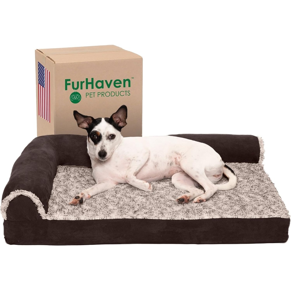 image:imageFurhaven Memory Foam Dog Bed for Large Dogs w Removable Bolsters amp Washable Cover For Dogs Up to 95 lbs TwoTone Plush Faux Fur amp Suede L Shaped Chaise Stone Gray JumboXLPlush Velvet Deep Sapphire