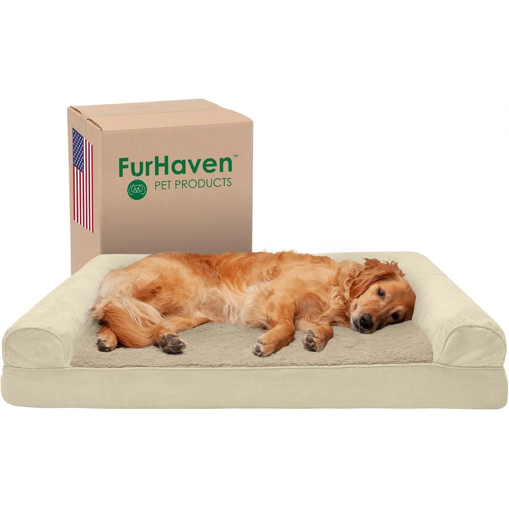 image:imageFurhaven Memory Foam Dog Bed for Large Dogs w Removable Washable Cover For Dogs Up to 75 lbs Ultra Plush Faux Fur amp Suede Luxe Lounger Contour Mattress Gray JumboXLClay Plush Suede