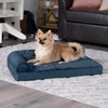 Furhaven Memory Foam Dog Bed for Large Dogs w/ Removable Bolsters & Washable Cover, For Dogs Up to 95 lbs – Two-Tone Plush Faux Fur & Suede L Shaped Chaise – Stone Gray, Jumbo/XL((Plush & Almond Print) Blue Almonds)