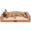 Furhaven Cooling Gel Dog Bed for Large Dogs w/ Removable Bolsters & Washable Cover, For Dogs Up to 95 lbs – Luxe Faux Fur & Performance Linen Sofa – Charcoal, Jumbo/XL(Camel)