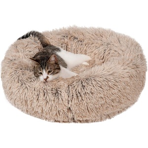 FurHaven 23″ Calming Donut Dog Bed for Small Dogs & Cats, Round Plush Donut Design with Soft Filling for Snuggling Comfort, Removable Washable Cover, Small, Shaggy Faux Fur, Mist Gray(Taupe)