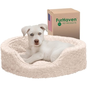 FurHaven Dog Bed for Small Dogs, Oval Lounger with Soft Pillow Cushion Insert for Cozy Comfort, Removable Washable Cover, Small, Faux Fur & Suede, Gray(Plush Cream)