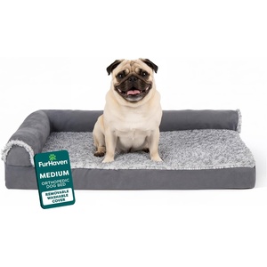 FurHaven Orthopedic Dog Bed for Large Dogs, L-Shaped Chaise Contour Mattress with Solid Orthopedic Foam Slab for Joint Support, Removable Washable Cover, Jumbo Plus XXL, Faux Fur & Suede, Espresso(Stone Gray)