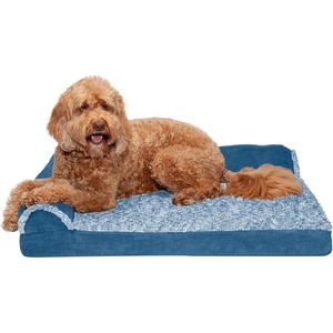 FurHaven Orthopedic Dog Bed for Large Dogs, L-Shaped Chaise Contour Mattress with Solid Orthopedic Foam Slab for Joint Support, Removable Washable Cover, Jumbo Plus XXL, Faux Fur & Suede, Espresso(Marine Blue)