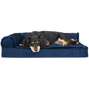 FurHaven Orthopedic Dog Bed for Large Dogs, L-Shaped Chaise Contour Mattress with Solid Orthopedic Foam Slab for Joint Support, Removable Washable Cover, Jumbo Plus XXL, Faux Fur & Suede, Espresso(Deep Sapphire)