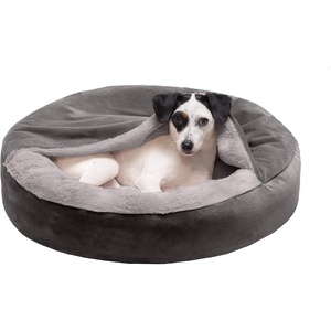 Furhaven 24″ Round Calming Donut Dog Bed for Indoor Cats & Small Dogs, Washable, For Dogs Up to 20 lbs – Plush Velvet Waves Hooded Donut Bed – Rose Pink, Small(Dark Gray)