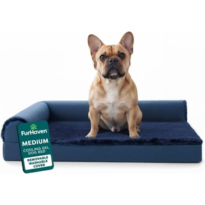 Furhaven Cooling Gel Dog Bed for Large Dogs w/ Removable Bolsters & Washable Cover, For Dogs Up to 125 lbs – Two-Tone Plush Faux Fur & Suede L Shaped Chaise – Espresso, Jumbo Plus/XXL((Plush & Velvet) Deep Sapphire)