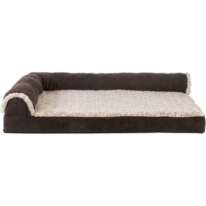 Furhaven Cooling Gel Dog Bed for Large Dogs w/ Removable Bolsters & Washable Cover, For Dogs Up to 125 lbs – Two-Tone Plush Faux Fur & Suede L Shaped Chaise – Espresso, Jumbo Plus/XXL((Two-Tone Faux Fur & Suede) Espresso)