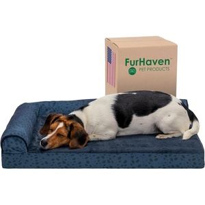 Furhaven Cooling Gel Dog Bed for Large Dogs w/ Removable Bolsters & Washable Cover, For Dogs Up to 125 lbs – Two-Tone Plush Faux Fur & Suede L Shaped Chaise – Espresso, Jumbo Plus/XXL((Plush & Almond Print) Blue Almonds)