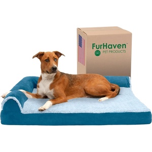 Furhaven Cooling Gel Dog Bed for Large Dogs w/ Removable Bolsters & Washable Cover, For Dogs Up to 125 lbs – Two-Tone Plush Faux Fur & Suede L Shaped Chaise – Espresso, Jumbo Plus/XXL((Two-Tone Faux Fur & Suede) Marine Blue)