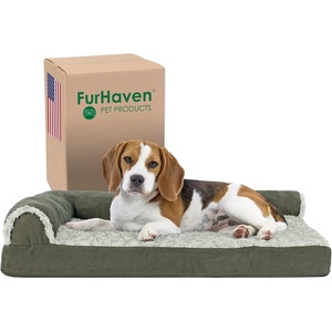 Furhaven Cooling Gel Dog Bed for Large Dogs w/ Removable Bolsters & Washable Cover, For Dogs Up to 125 lbs – Two-Tone Plush Faux Fur & Suede L Shaped Chaise – Espresso, Jumbo Plus/XXL((Two-Tone Faux Fur & Suede) Dark Sage)