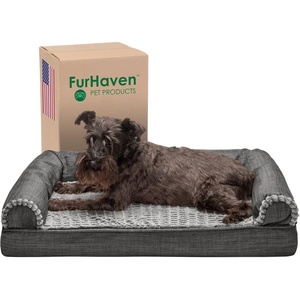 Furhaven Cooling Gel Dog Bed for Large Dogs w/ Removable Bolsters & Washable Cover, For Dogs Up to 95 lbs – Luxe Faux Fur & Performance Linen Sofa – Charcoal, Jumbo/XL(Charcoal)