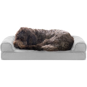 Furhaven Cooling Gel Dog Bed for Large Dogs w/ Removable Bolsters & Washable Cover, For Dogs Up to 95 lbs – Luxe Faux Fur & Performance Linen Sofa – Charcoal, Jumbo/XL(Silver Gray)
