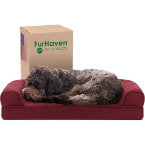 Furhaven Cooling Gel Dog Bed for Large Dogs w/ Removable Bolsters & Washable Cover, For Dogs Up to 95 lbs – Luxe Faux Fur & Performance Linen Sofa – Charcoal, Jumbo/XL(Wine Red)