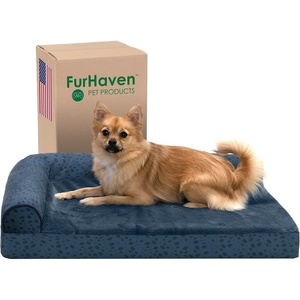 Furhaven Memory Foam Dog Bed for Large Dogs w/ Removable Bolsters & Washable Cover, For Dogs Up to 95 lbs – Two-Tone Plush Faux Fur & Suede L Shaped Chaise – Stone Gray, Jumbo/XL((Plush & Almond Print) Blue Almonds)