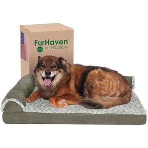 Furhaven Memory Foam Dog Bed for Large Dogs w/ Removable Bolsters & Washable Cover, For Dogs Up to 95 lbs – Two-Tone Plush Faux Fur & Suede L Shaped Chaise – Stone Gray, Jumbo/XL((Quilted Paw) Iceberg Green)