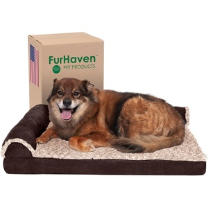Furhaven Memory Foam Dog Bed for Large Dogs w/ Removable Bolsters & Washable Cover, For Dogs Up to 95 lbs – Two-Tone Plush Faux Fur & Suede L Shaped Chaise – Stone Gray, Jumbo/XL((Plush & Velvet) Platinum Gray)