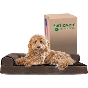 Furhaven Orthopedic Dog Bed for Medium/Small Dogs w/ Removable Bolsters & Washable Cover, For Dogs Up to 35 lbs – Two-Tone Plush Faux Fur & Suede L Shaped Chaise – Dark Sage, Medium(Sable Brown)