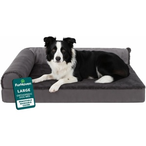 Furhaven Orthopedic Dog Bed for Medium/Small Dogs w/ Removable Bolsters & Washable Cover, For Dogs Up to 35 lbs – Two-Tone Plush Faux Fur & Suede L Shaped Chaise – Dark Sage, Medium(Platinum Gray)