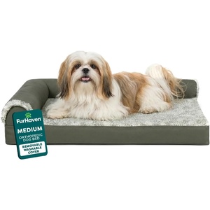 Furhaven Orthopedic Dog Bed for Medium/Small Dogs w/ Removable Bolsters & Washable Cover, For Dogs Up to 35 lbs – Two-Tone Plush Faux Fur & Suede L Shaped Chaise – Dark Sage, Medium(Dark Sage)