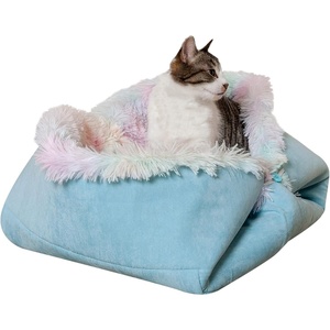 Furhaven Self-Warming Cat Bed for Indoor Cats, 4-Beds-in-1 & Washable – Plush Long Faux Fur Convertible Cuddler – Rainbow, Large