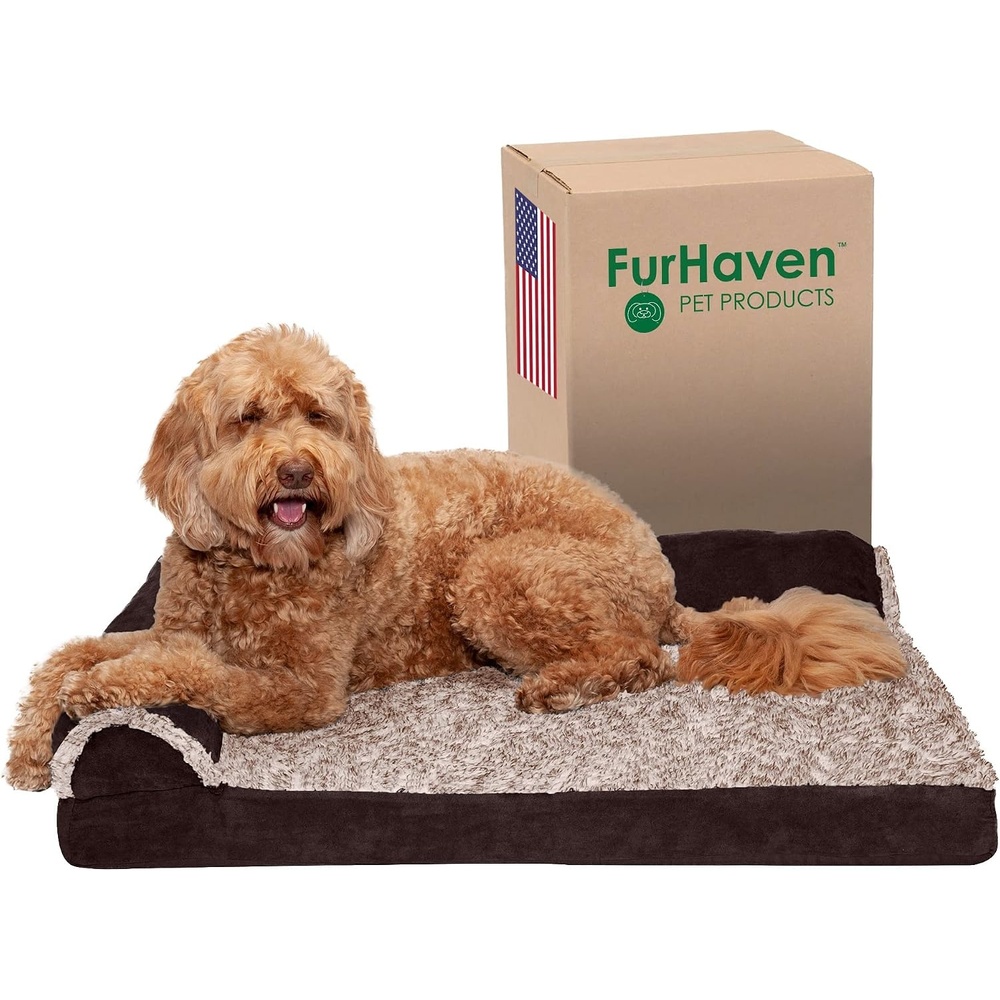 image:imageFurhaven Orthopedic Dog Bed for LargeMedium Dogs w Removable Bolsters amp Washable Cover For Dogs Up to 55 lbs TwoTone Plush Faux Fur amp Suede L Shaped Chaise Espresso Large