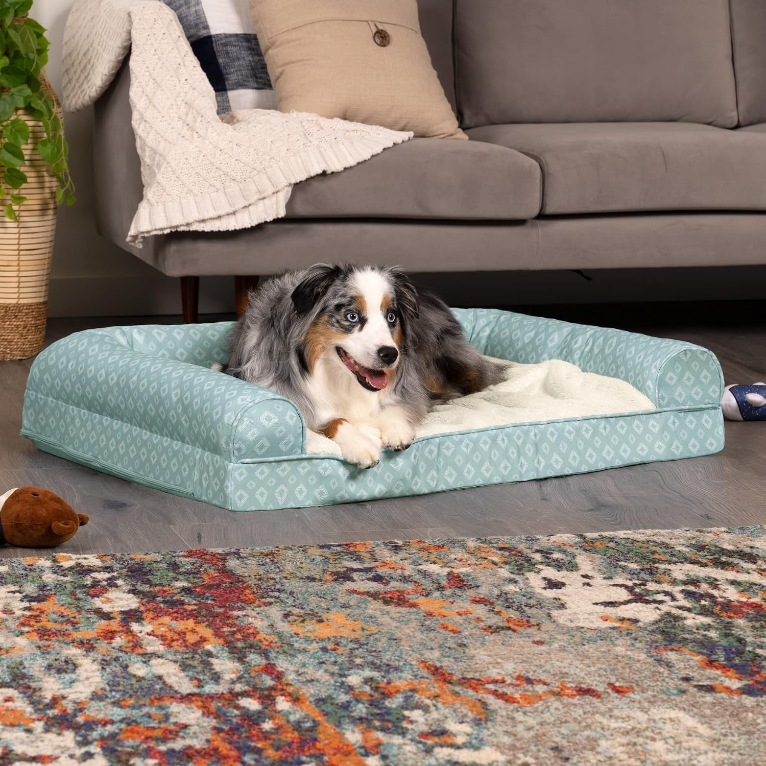 image:imageFurhaven Cozy Orthopedic Dog Bed for Large Dogs w Removable Bolsters amp Washable Cover For Dogs Up to 95 lbs Plush amp Diamond Print Nest Top Sofa Gray JumboXLAqua Plush Diamond Print Nest Top
