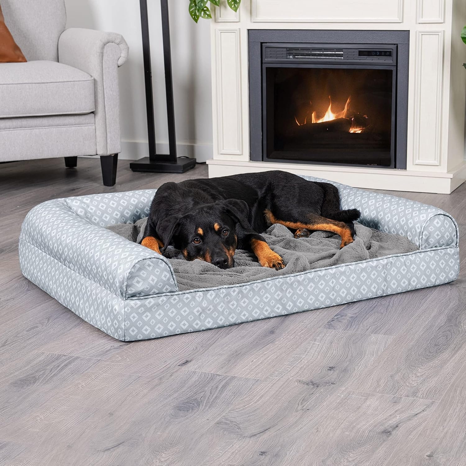image:imageFurhaven Cozy Orthopedic Dog Bed for Large Dogs w Removable Bolsters amp Washable Cover For Dogs Up to 95 lbs Plush amp Diamond Print Nest Top Sofa Gray JumboXLGray Plush Diamond Print Nest Top