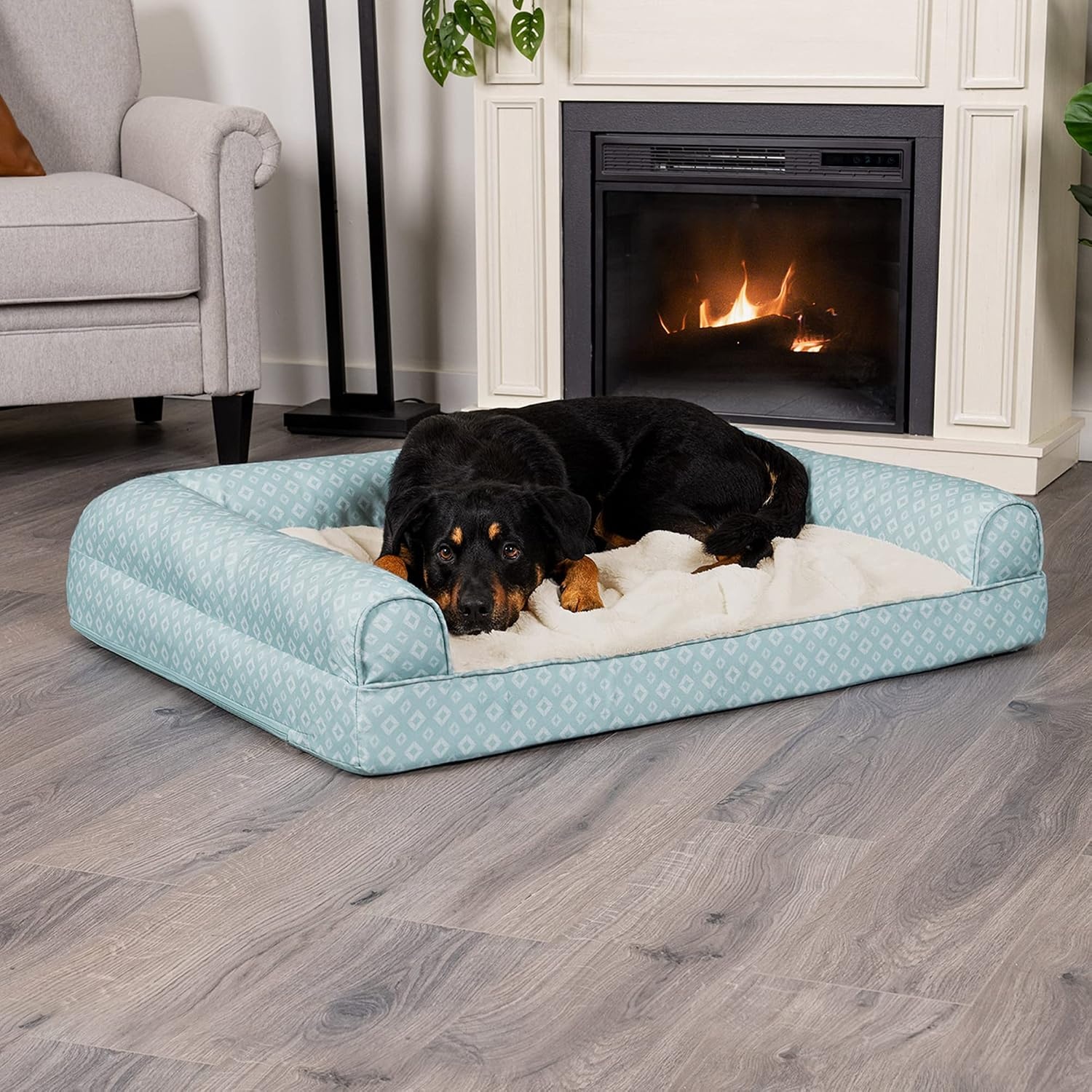 image:imageFurhaven Cozy Orthopedic Dog Bed for Large Dogs w Removable Bolsters amp Washable Cover For Dogs Up to 95 lbs Plush amp Diamond Print Nest Top Sofa Gray JumboXLAqua Plush Diamond Print Nest Top